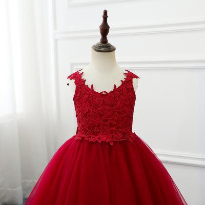 Bow Knot Red Lace Flower Girl Dress..