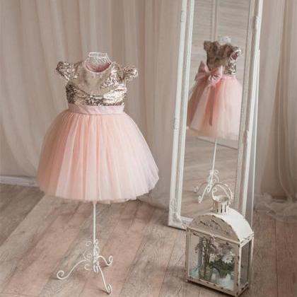 Glttier Sequins Pink Tulle Ball Gow..