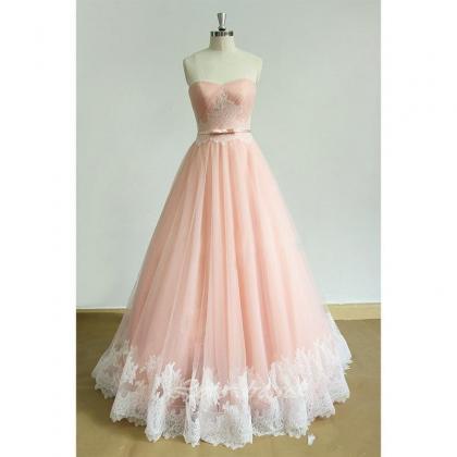 Pink Tulle White Lace Evening Dress..