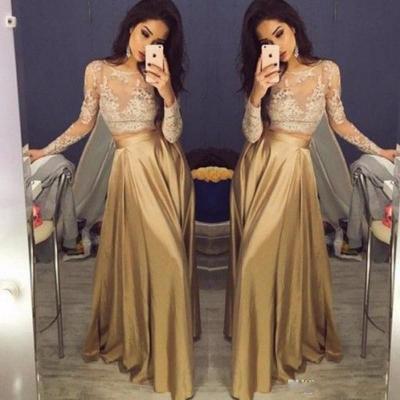 Beautiful Lace Long Sleeve Gold Two Piece Prom Dresses 2018 Satin Cheap Prom Gowns Sheer Champagne Party Dress