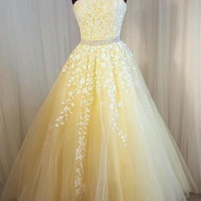 Long Lace Appliques Beaded Evening Dress Long Sexy Yellow Prom Dresses Formal Backless Party Dresses Custom Size