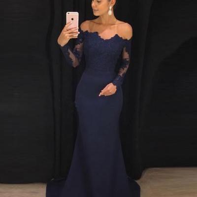2020 Long Sexy Navy Blue Lace Appliques Mermaid Prom Dress Cheap Long Sleeve Chiffon Boatneck Party Dress Formal Sweep Train Women Evening Dresses Custom Size 