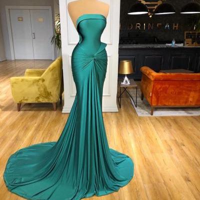 Elegant Teal Green Long Prom Dresses Sexy Backless Formal Women Pleats Party Dress