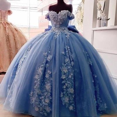 Sexy Sweetheart Blue Quinceanera Dresses Ball Gown 2021 Bow Knot Appliques Formal Kids Prom Party Dress Wear Long