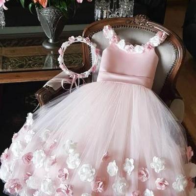 Pink Floral Tulle Long Flower Girl Dress for Little Kids Pageant Party Dresses