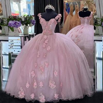 Pink Floral Quinceanera Dresses for 16 Year Ball Gown Princess Girls Prom Party Dress