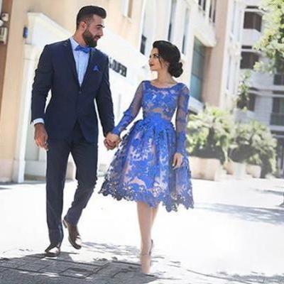 Illusion Prom Dresses, 2017 Knee Length Blue Homecoming Dresses, Sexy See Through Prom Dress, Scoop Neckline Evening Dresses, Long Sleeve Blue Homecoming Dresses 2016, Sexy Sheer Prom Party Dresses, Plus Size Blue Lace Runway Dresses,