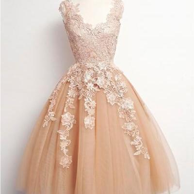 Knee Length Champagne Lace Homecoming Dress, Sexy V Neck Straps Prom Party Dress, Ball Gowns Lace Cocktail Dresses, Sweet 16 Year Junior Party Dress, Sweet 8th Grade Graduation Prom Dresses