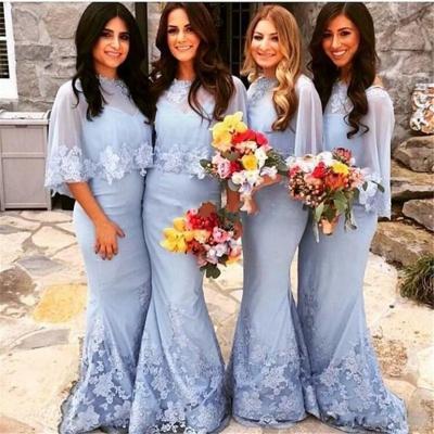 Custom Made Dusty Blue Lace Long Modest Bridesmaid Dress with Sheer Cape 