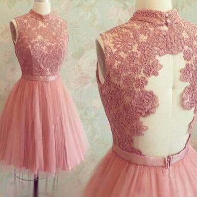 High Neck Sexy Open Back Short Pink Lace Appliques Homecoming Dresses 2017 Cheap A Line Tulle Pink Short Cocktail Dresses For Prom Party Gowns 