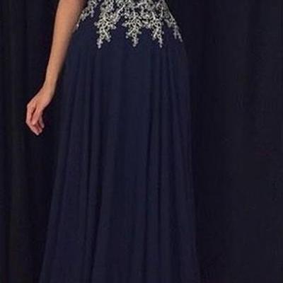 Long Navy Blue Prom Dresses With Appliques A Line Chiffon Floor Length New 2017 Sexy Sweetheart Backless Formal Evening Dresses Plus Size Elegant Party Dress Floor Length