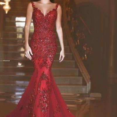 Sexy See Through Long Mermaid Dark Red Prom Dresses , Vintage Tulle Dark Red Evening Dresses, Sexy See Through Back Prom Dresses, Sexy Spaghetti Strap Party Dresses Long, Sexy Mermaid Long Celebrity Dresses 2017