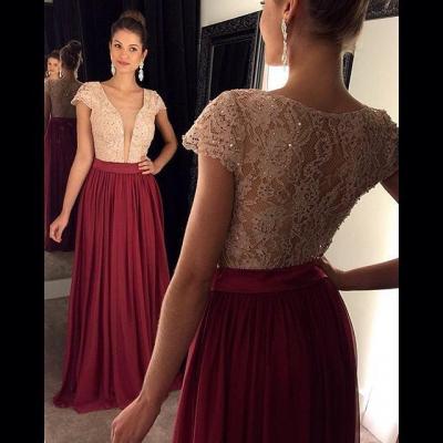 Sexy V Neck Long Burgundy Prom Dresses, Champagne Lace Top Burgundy Skirt Evening Dresses With Short Cap Sleeve, A Line Chiffon Lace Prom Dresses, Elegant Burgundy Prom Party Dresses 2017, See Through Red Wine Long Party Dresses, High Quality Prom Dresses 2017
