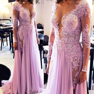 Long Lilac Lace Prom Dresses, Sexy Sheer Prom Dresses , A Line Floor Length Lilac Chiffon Party Dresses, Vintage Lilac Long Sleeve Evening Dresses, Jewel Pageant Party Dresses 2017