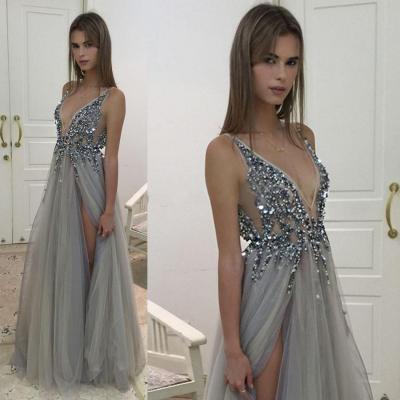 Sexy V Neck Long Grey Prom Dress With Luxury Beaded Top A Line Tulle Split Side Floor Length Pageant Gala Dresses Customize vestido de festa 2017