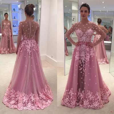 Illusion Pink Appliques Prom Dresses, Long Mermaid Prom Dress 2017, Long Sleeve Lace Evening Dresses, Sexy Sheer Prom Party Dresses, Arabic Dubai Style Party Dress, Long Pink Prom Dresses, Formal Elegant Evening Dress