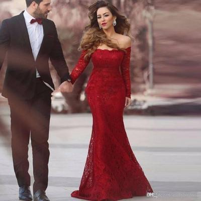 Cheap 2017 Long Red Lace Prom Dress, Vintage Long Sleeve Party Dress, Sexy Off The Shoulder Dark Red Party Dress, Boat Neck Dark Red Lace Celebrity Dresses, VintageDark Red Lace Mermaid Gala Gowns, Floor Length Mermaid Prom Dress Long 2017, 