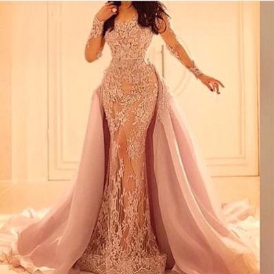 Detachable Skirt Pink Lace Prom Dresses Sexy Sheer Long Party Dress, Illusion Back Pageant Gala Dresses, Arabic Dubai Designer Prom Party Dresses