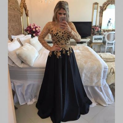 Long Sleeve Black Prom Dresses With Gold Sequins Top, 2020 Sexy Illusion Back Long Party Dresses, A Line Floor Length Black Satin Pageant Prom Dresses, Jewel Neck Black Gala Dresses Plus Size 2020, Formal Black Evening Dress With Waist Belt Sash,