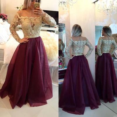 Illusion Back Burgundy Prom Dress With Champagne Appliques A Line Sexy See Through Party Dress With Beaded Sash 