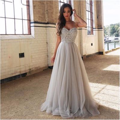 Silver Beaded Long Prom Dresses Sexy Spaghetti Strap A Line Floor Length Tulle Pageant Women Party Dress 2017 Abendkleider