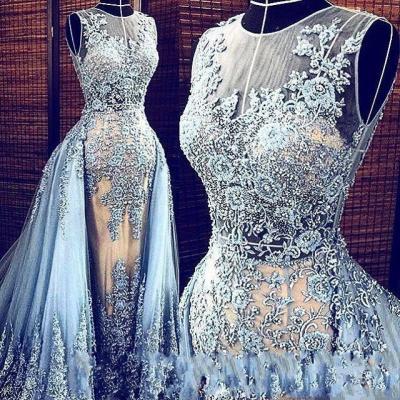 2017 Arabic Dubai Sky Blue Appliques Prom Dresses With Detachable Skirt Sexy See Through Mermaid Sheer Party Dress Sweep Train 