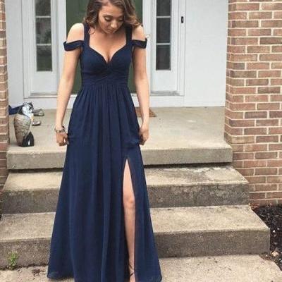 2017 Sexy Split Side Navy Blue Party Dress Off The Shoulder Prom Gowns Long Simple Style Chiffon A Line Floor Length