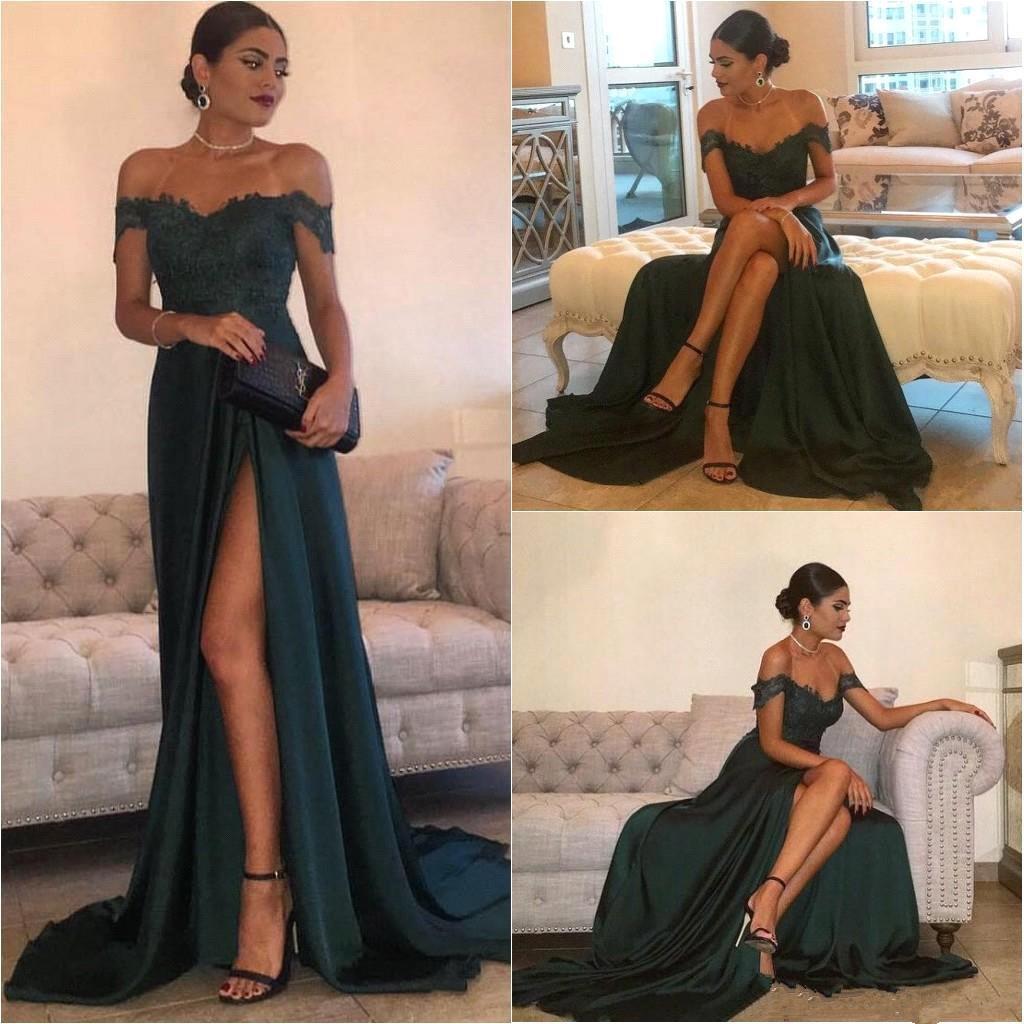 dark green off the shoulder prom dress