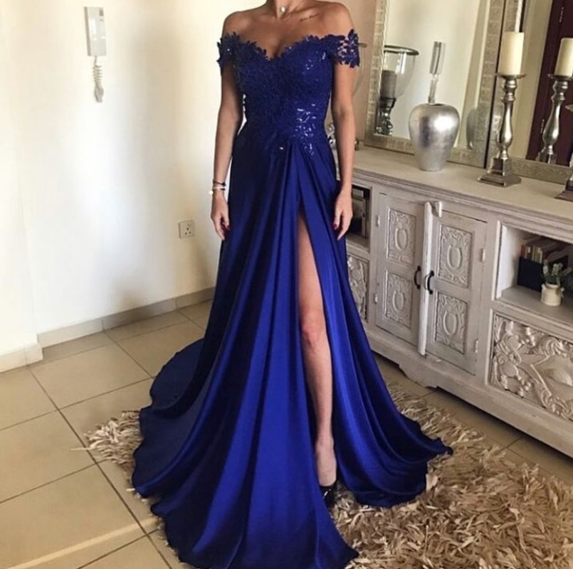 royal blue slit prom dress