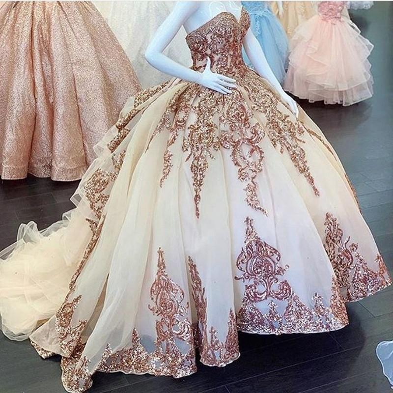New 2021 Champagne Quinceanera Dresses Sweetheart Sleeveless Sweet 16 Year Ball Gown Princess Party Dress Prom Long Gowns