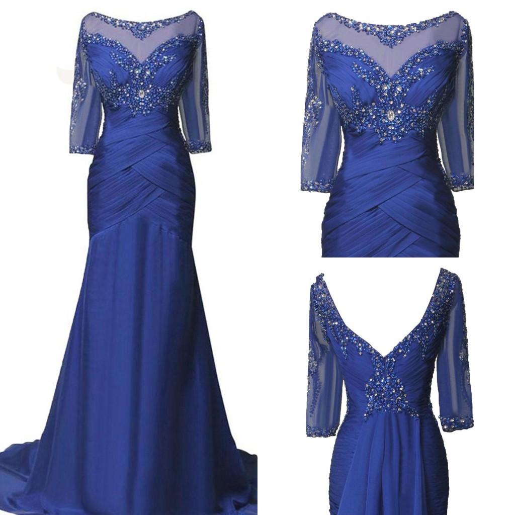 Half Sleeve Blue Beaded Mother Of The Bride Dress Plus Size Chiffon