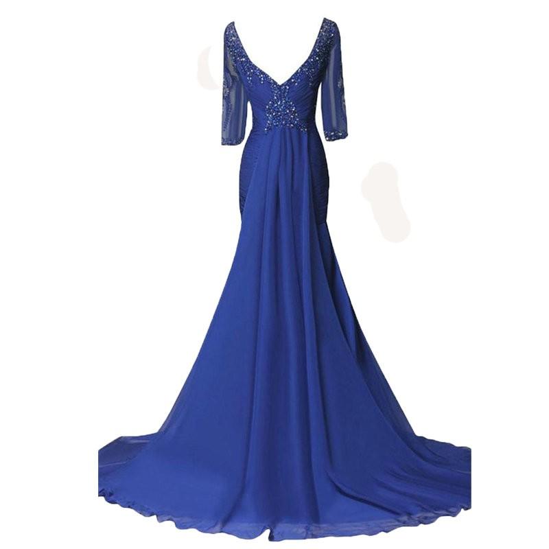 Half Sleeve Blue Beaded Mother Of The Bride Dress Plus Size Chiffon