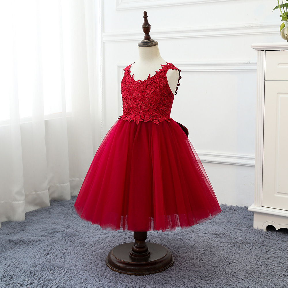 Bow Knot Red Lace Flower Girl Dress 2021 A Line Formal Wedding Party Dress for Kids Toddlers