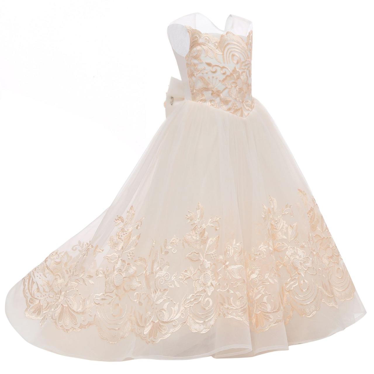 Long Champagne Flower Girl Dress with Bow Knot 2021 A Line Formal Wedding Party Dress for Kids Toddlers