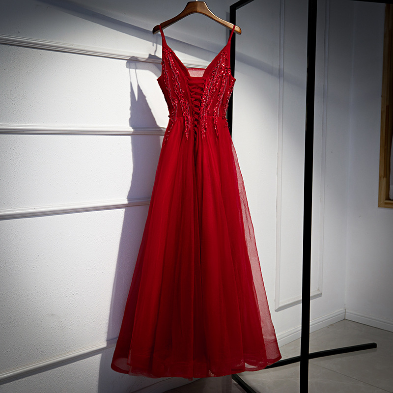 Sexy V Neck Spaghetti Strap Tulle Long Red Women Prom Dress With ...