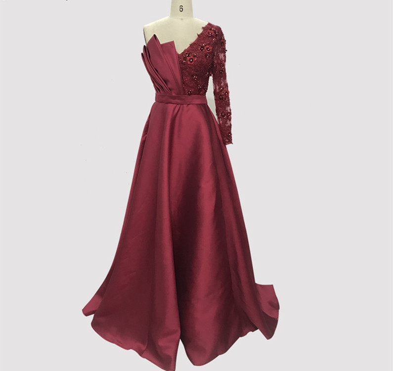 Sexy One Shoulder Burgundy Lace Prom Dress With Long Sleeve Formal Women Evening Dresses On Luulla 6018