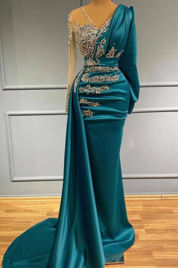 aqua beaded long sleeve gown