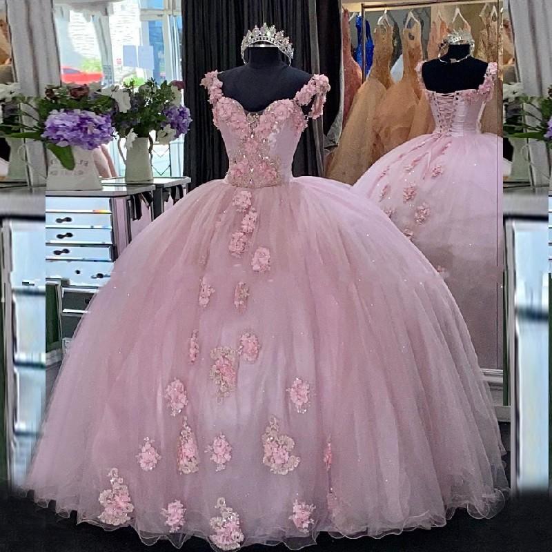 Pink Floral Quinceanera Dresses For 16 Year Ball Gown Princess Girls