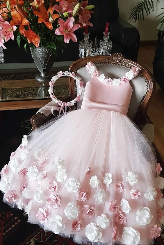 Pink Floral Birthday Party Dress for Toddler Girls Formal Flower Girls Dress