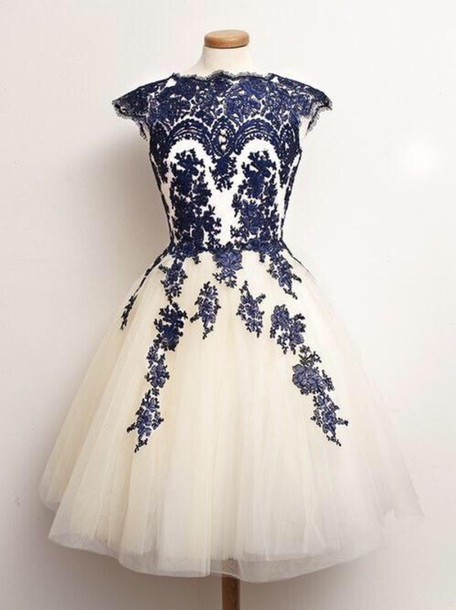 Navy Blue short party Dresses, Ivory Tulle Homecoming Dress, Short Cap Sleeve Homecoming Dress 