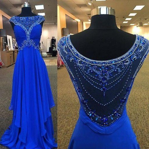 Elegant Blue Long Evening Dresses, Luxury Beaded Prom Dresses, Formal Evening Dress With Short Cap Sleeve, Sexy Sheer Prom Party Dresses, 2017 Long Prom Evening Dresses, Sccop Neckline Cheap Party Dresses, Floor Length Prom Partty Dresses, Vintage Blue Prom Dresses, 2016 Plus Size Evening Dresses