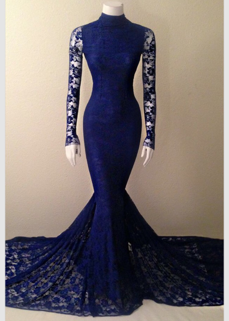 long navy blue lace dress