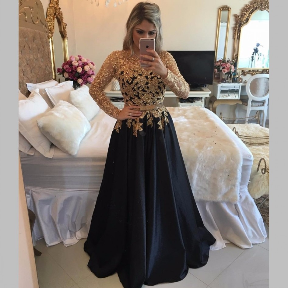 Online american black and gold gown with sleeves for girls