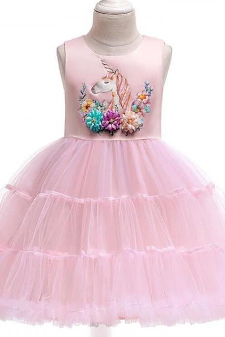 Free Shipping Princess Pink Unicorn Girls Dresses Bow Knot Ball Gown Birthday Party Children Dress With Hand Made Flower