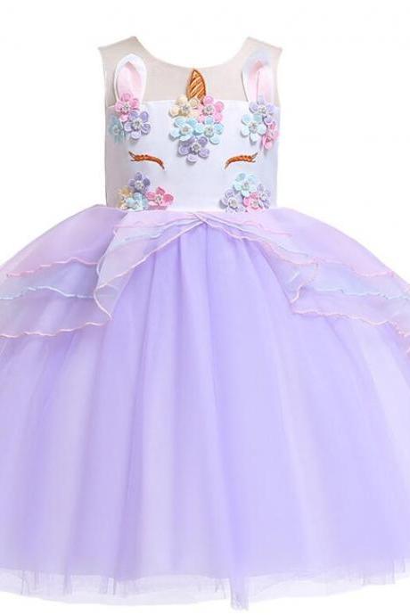 Free Shipping Princess Lavender Blue Champagne Unicorn Girls Dress Flower Girls Dresses Ball Gown Pageant Children Dress