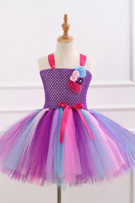 Free Shipping Rainbow Ball Gown Girls Tutu Party Dresses Puffy Tulle Cheap Princess Children Birthday Dress Clothes