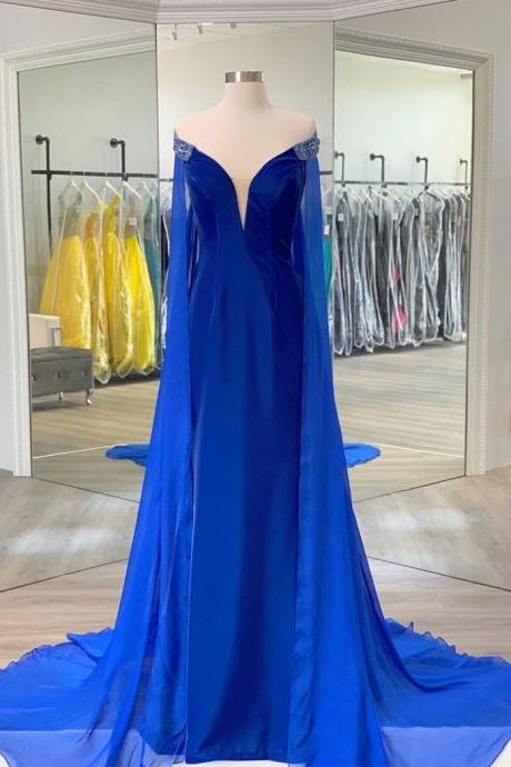 Sexy Royal Blue Formal Prom Dress New Fashion Off the Shoulder Long Women Party Dresses With Cap Custom Made