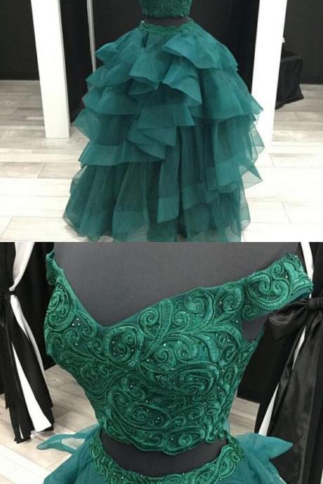 Tiered Long Green Prom Dress With Appliques Elegant Two Piece A-Line Off-The-Shoulder Evening Dresses