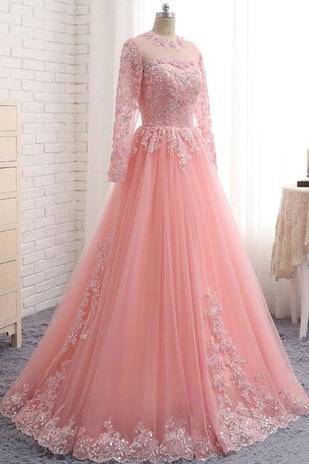 Formal Pink Sheer Prom Dress with Long Sleeve Tulle Appliques Beaded Formal Evening Dresses Plus Size