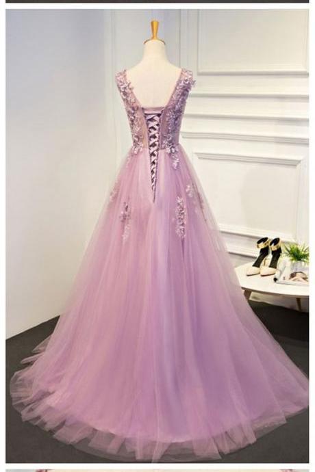 Lilac Pink Prom Dress Long, Sexy Sheer Party Dress, Formal Women Long Evening Dresses Plus Size, A Line Floor Length Formal Dresses